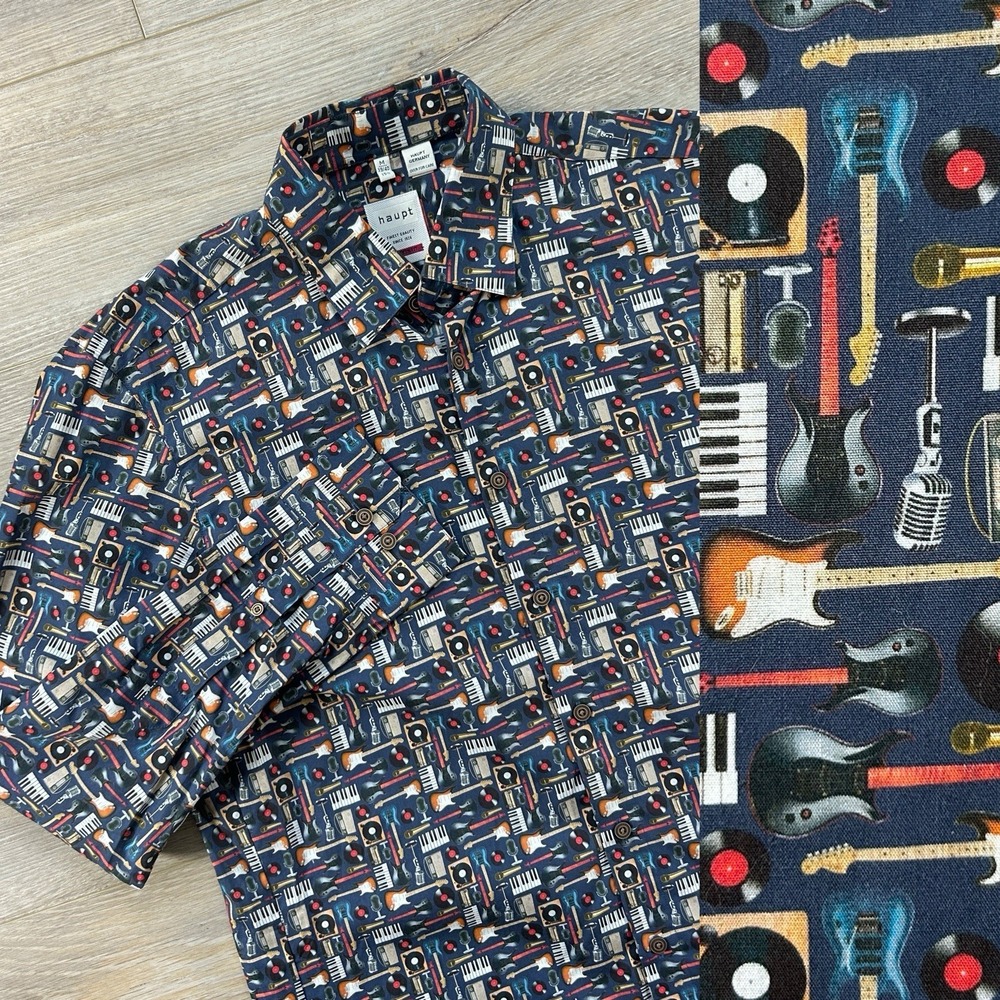 Haupt Shirt Mens Large Navy Blue Guitar Music Long Sleeve Button Casual Germany